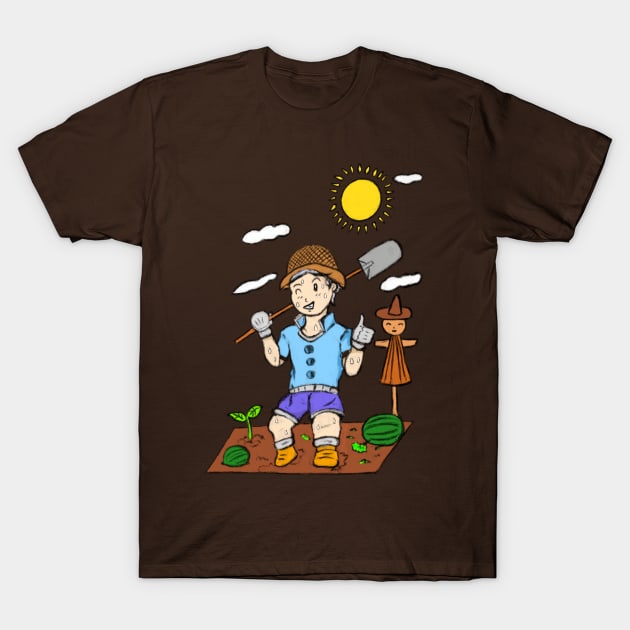 Farm with cartoon boy - colour T-Shirt by Andrew Hau